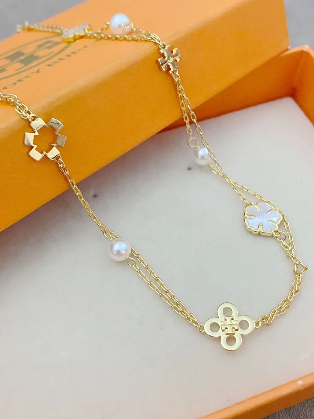 Tory Burch Gold Tone Multi-Station Floral & Pearl Necklace